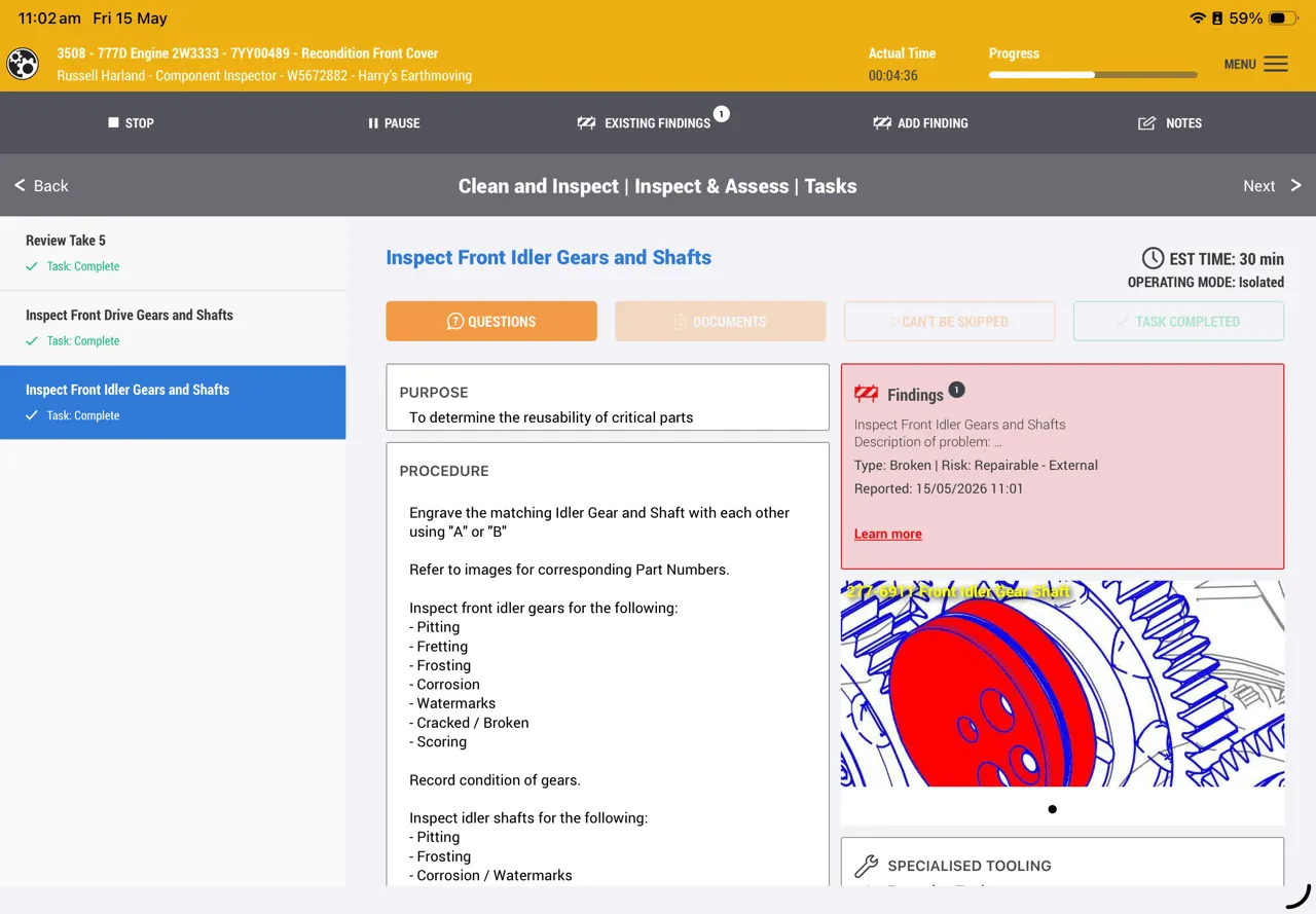 The task screen on a tablet: procedure, existing defects, reference photograph and tools for the task in hand.